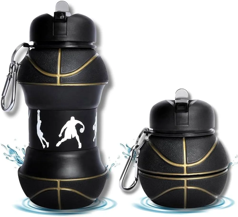BASKET BALL Design Silicone  Water Bottles, Portable Sports Bottle with Carabiner Clip Leak Proof BPA Free Sippy Straw 550 ml