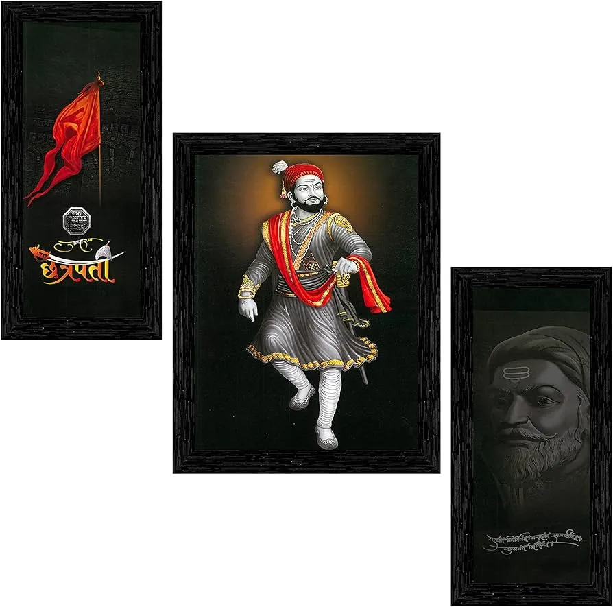 Set of 3 Chhatrapati Shivaji Maharaj Framed Art Painting (3769BK) without glass 6 X 13, 10.2 X 13, 6 X 13 INCH