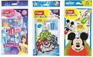 Flair Creative Series Disney Themed Stationery Kits | Marvel Avengers, Mickey Mouse & Disney Princess | Smart Kit for Your Creative Need & Fun Learning | Ideal Gift Items for Kids | Pack of 3 Kits