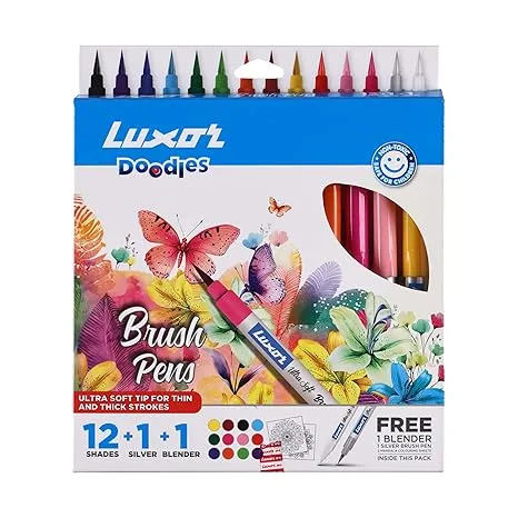 Luxor Doodles Brush Pens, 13 Vibrant Shades + 1 Versatile Blender, Ultra Soft Tip For Thin and Thick Strokes, 2 Mandala Colouring Sheets Inside