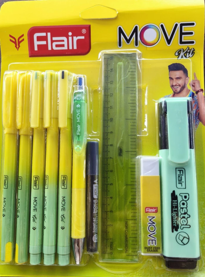 Flair Move Kit / A perfect pen , pencil , scale , rubber , highlighter combo for students